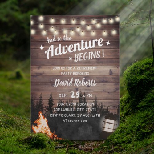 Adventure Rustic Forest Bonfire Lantern Retirement Invitation