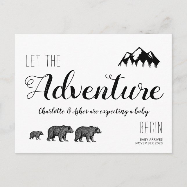 Adventure Rustic Walking Woodland Bears Pregnancy  Announcement Postcard (Front)
