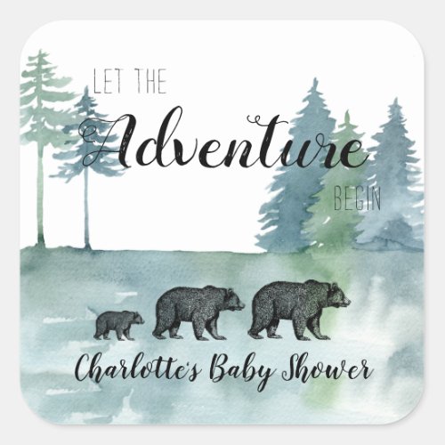 Adventure Rustic Watercolor Bears Baby Shower  Squ Square Sticker