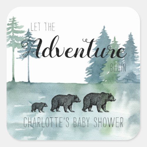 Adventure Rustic Watercolor Bears Baby Shower Square Sticker