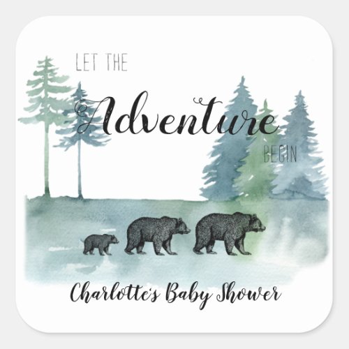 Adventure Rustic Watercolor Bears Baby Shower  Square Sticker