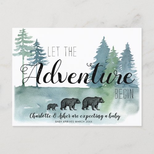 Adventure Rustic Watercolor Bears Pregnancy Announcement Postcard