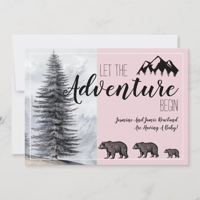 Adventure Rustic Woodland Bear Pink Pregnancy Invitation (Front)