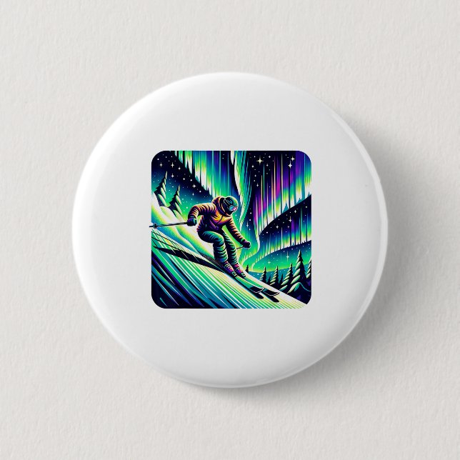 Adventure skiing under northern lights  button (Front)