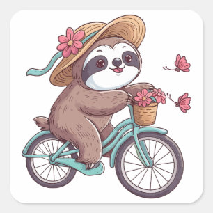 Adventure Sloth on Bike, Cute Sloth On A Bike Ride Square Sticker