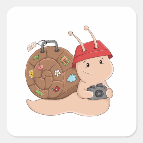 Adventure Snail with Camera Cute Travel Cartoon Square Sticker