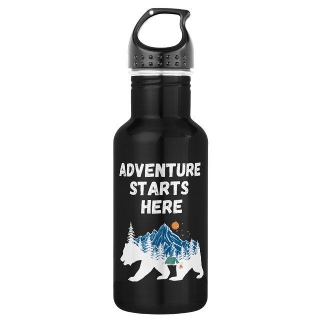Adventure Starts Here Bear Silhouette Camping Stainless Steel Water Bottle (Front)