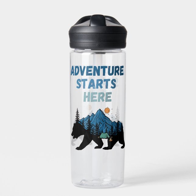 Adventure Starts Here Bear Silhouette Camping Water Bottle (Front)
