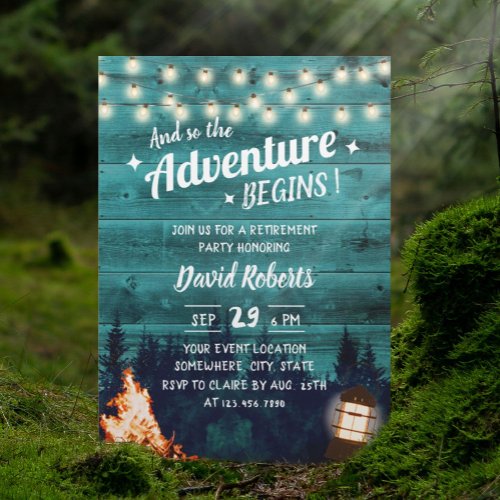 Adventure Teal Forest Bonfire Lantern Retirement Invitation