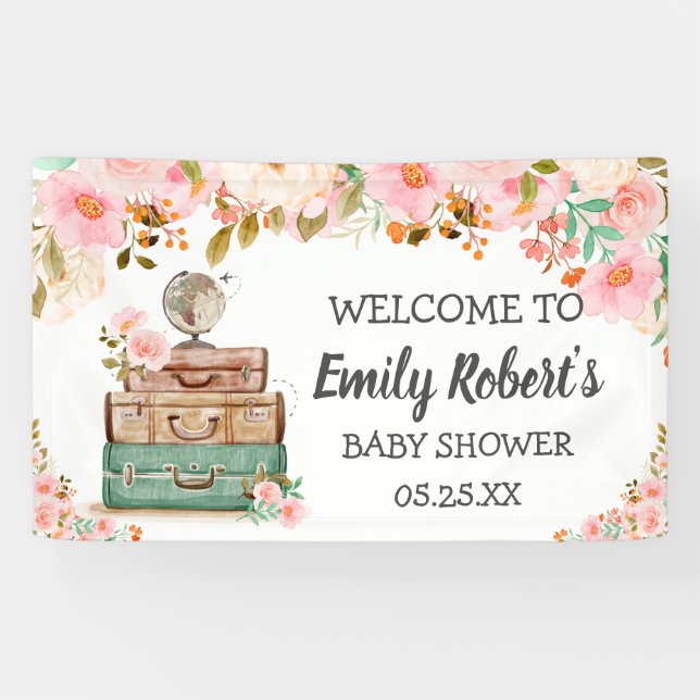 Adventure Travel Floral Greenery Girl Baby Shower  Banner (Horizontal)