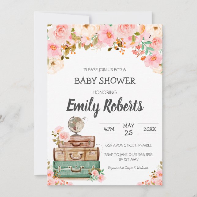 Adventure Travel Floral Greenery Girl Baby Shower Invitation (Front)