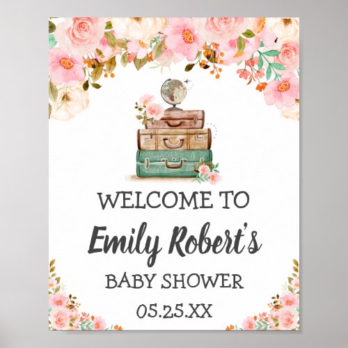 Adventure Travel Floral Greenery Girl Baby Shower  Poster
