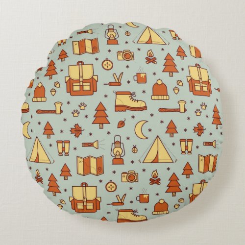 Adventure travel icons seamless pattern round pillow