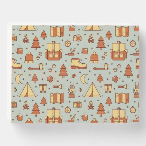 Adventure travel icons seamless pattern wooden box sign
