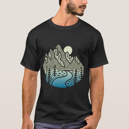 Adventure Travel Mountain River Trees Lines Scape T_Shirt