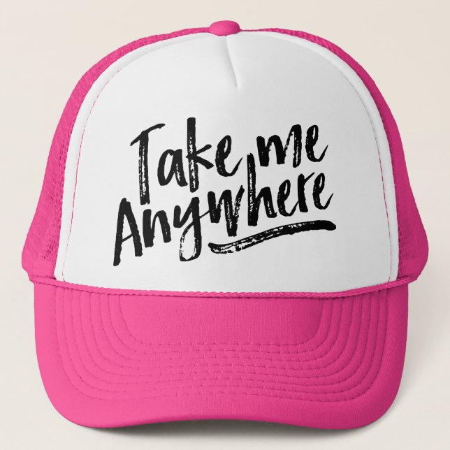 Adventure travel trendy black brush typography trucker hat (Front)