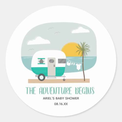Adventure Turquoise Camper Beach Boy Baby Shower Classic Round Sticker