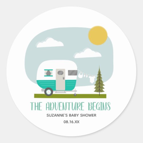 Adventure Turquoise Camper Clothesline Baby Shower Classic Round Sticker