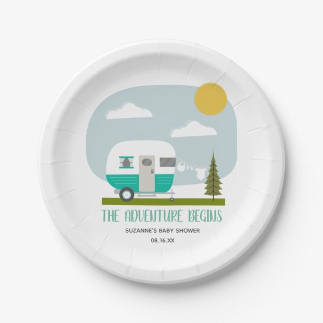 Adventure Turquoise Retro Camper Baby Shower Paper Plates (Front)