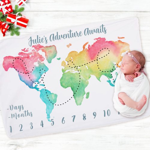 Adventure Waits World Map Rainbow Baby Milestone B Baby Blanket