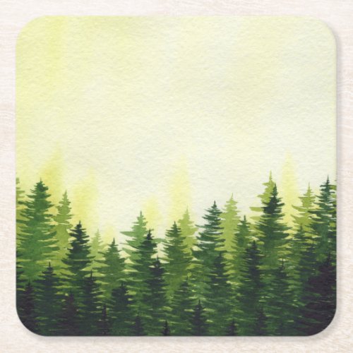 Adventure  Watercolor Green Forest   Square Paper Coaster