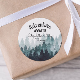 Adventure Watercolor Rustic Forest Baby Shower  Classic Round Sticker