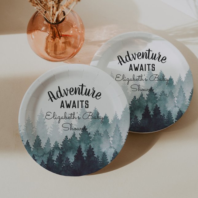 Adventure Watercolor Rustic Forest Baby Shower Paper Plates (Creator Uploaded)