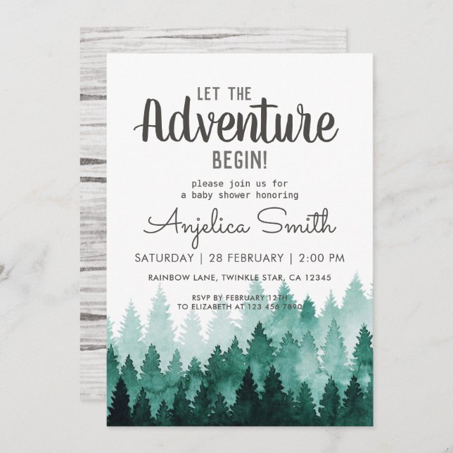 Adventure Watercolor Rustic Woodland Baby Shower  Invitation (Front/Back)