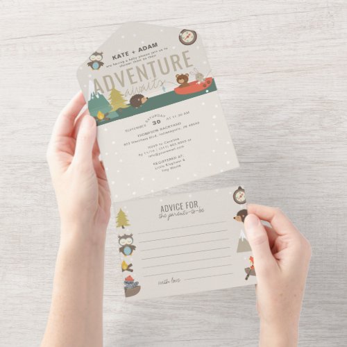 Adventure Woodland  Advice Neutral Baby Shower  All In One Invitation