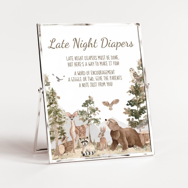 Adventure Woodland Animals Late Night Diapers Poster (Woodland Animals Adventure Awaits Baby Shower Late Night Diapers Sign)