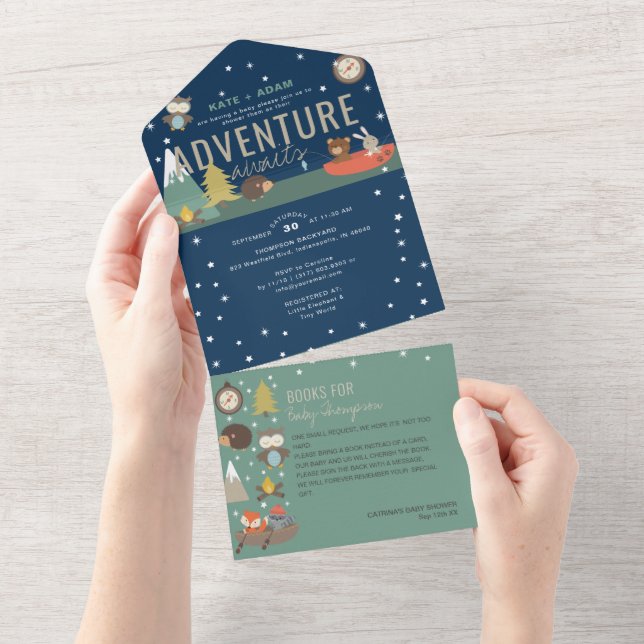 Adventure Woodland & Books Boy Navy Baby Shower All In One Invitation (Tearaway)