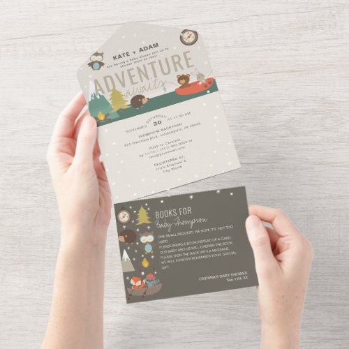 Adventure Woodland Books Neutral Navy Baby Shower All In One Invitation