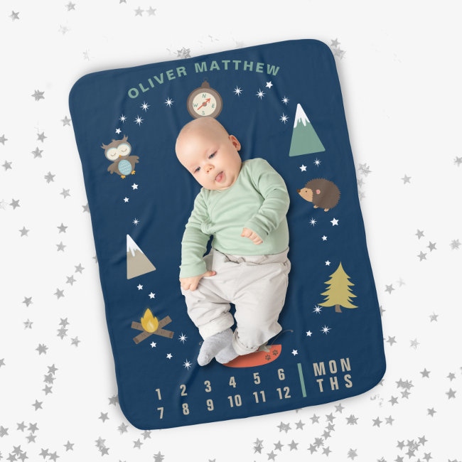 Adventure Woodland Boy Navy Milestones Baby Blanket