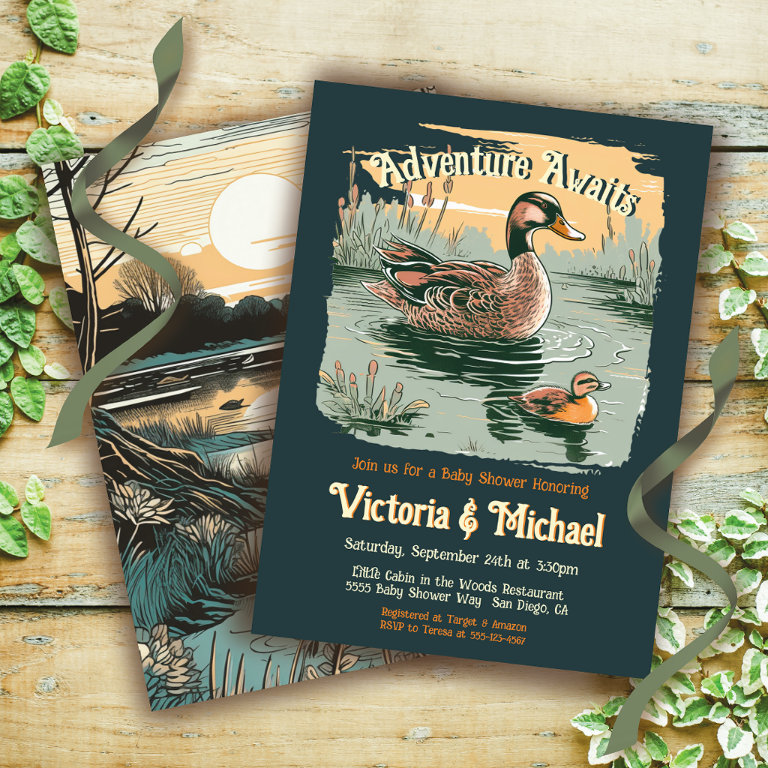 Adventure Woodland Mallord Duck Baby Shower Invitation