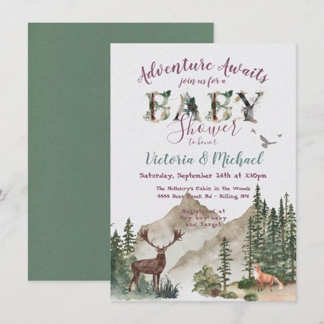 Adventure Woodland mountain forest Baby Shower Invitation (Front/Back)