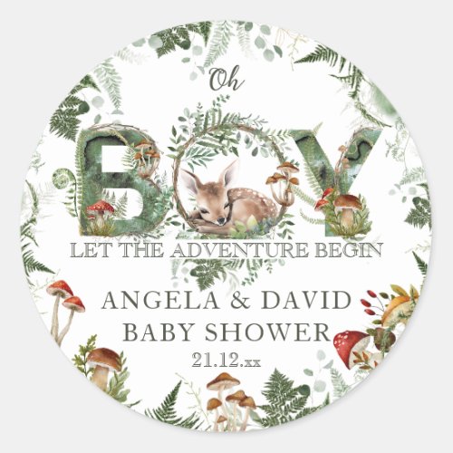 Adventure Woodland Mushroom Fern Baby Boy Shower Classic Round Sticker