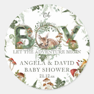 Adventure Woodland Mushroom Fern Baby Boy Shower Classic Round Sticker