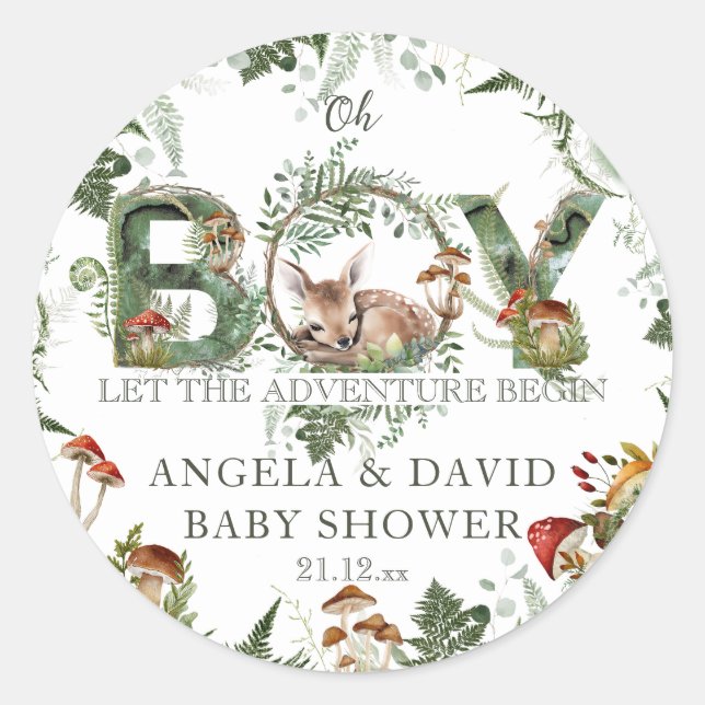 Adventure Woodland Mushroom Fern Baby Boy Shower Classic Round Sticker (Front)