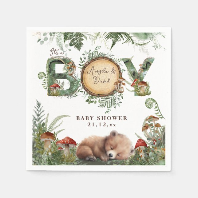 Adventure Woodland Mushroom Fern Baby Boy Shower Napkins (Front)