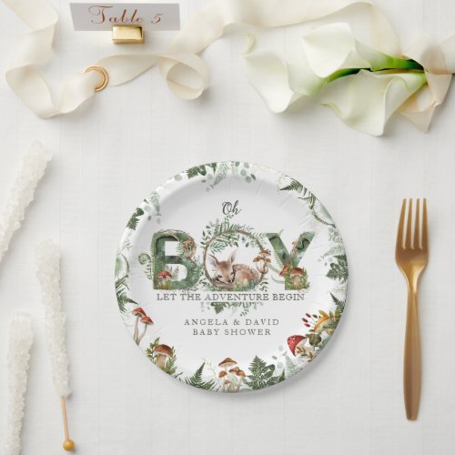 Adventure Woodland Mushroom Fern Baby Boy Shower Paper Plates