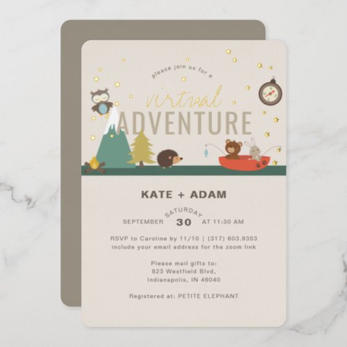 Adventure Woodland Neutral Virtual Baby Shower Foil Invitation