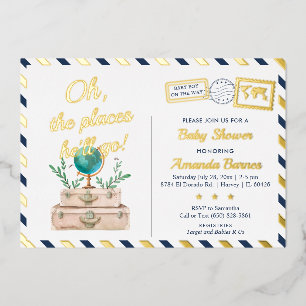 Adventure World Travel Baby Boy Map Navy Blue Gold Foil Invitation