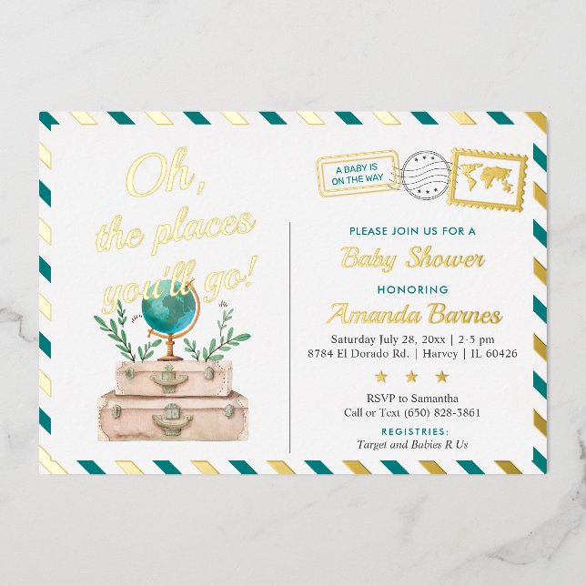 Adventure World Travel Baby Boy Map Teal Blue Gold Foil Invitation (Front)