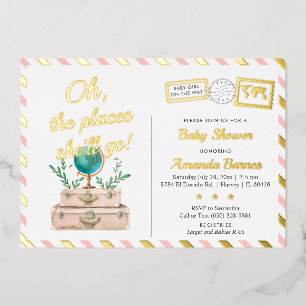 Adventure World Travel Baby Girl Blush Pink Gold F Foil Invitation