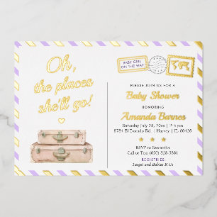 Adventure World Travel Baby Girl Lavender Gold Foil Invitation