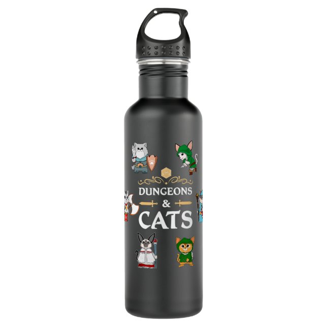 Adventurer Cats RPG D20 Dice RPG Fantasy Roleplayi Stainless Steel Water Bottle (Front)