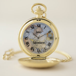 Adventurer Old World Map Roman Numerals and Name Pocket Watch