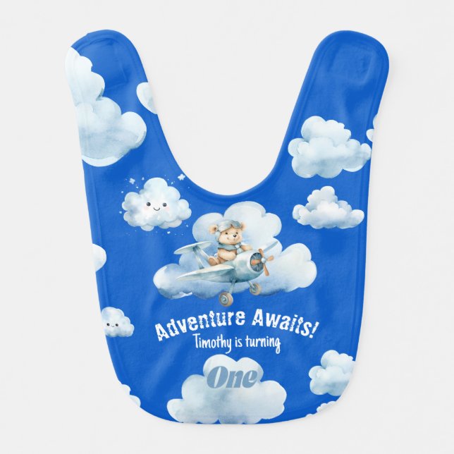 Adventures Aloft: Teddy's First Birthday Baby Bib (Front)