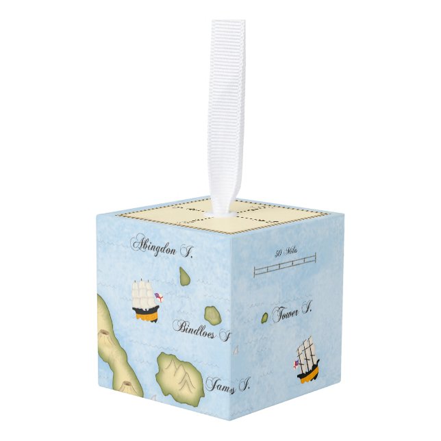 Adventures At Sea Galapagos Map With Sailing Ships Cube Ornament (Front Angled)