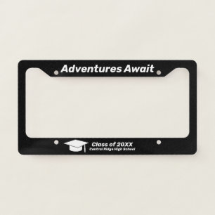 Adventures Await, Black Graduation Custom Vanity License Plate Frame